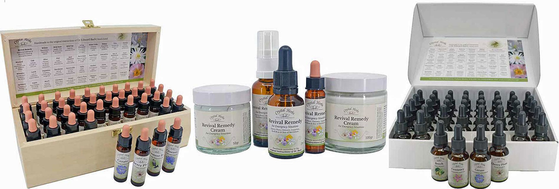 Boîtes contenant des élixirs de fleurs de Bach Crystal Herbs de 10 ml et 25 ml